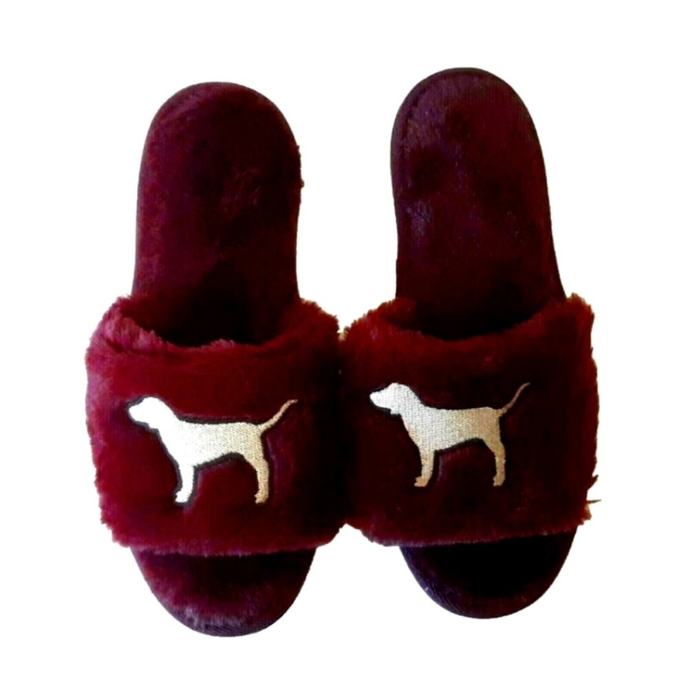 Pink Victorias Secret Slippers Womens Size 5 Dog Logo Burgundy Wine Slip On Soft